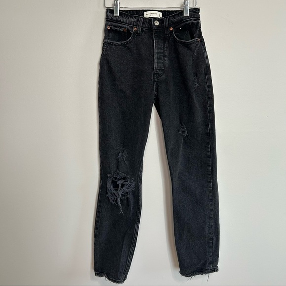 Abercrombie & Fitch High Rise Distressed Black Straight Leg Jeans Women’s 00/24” - Picture 3 of 9